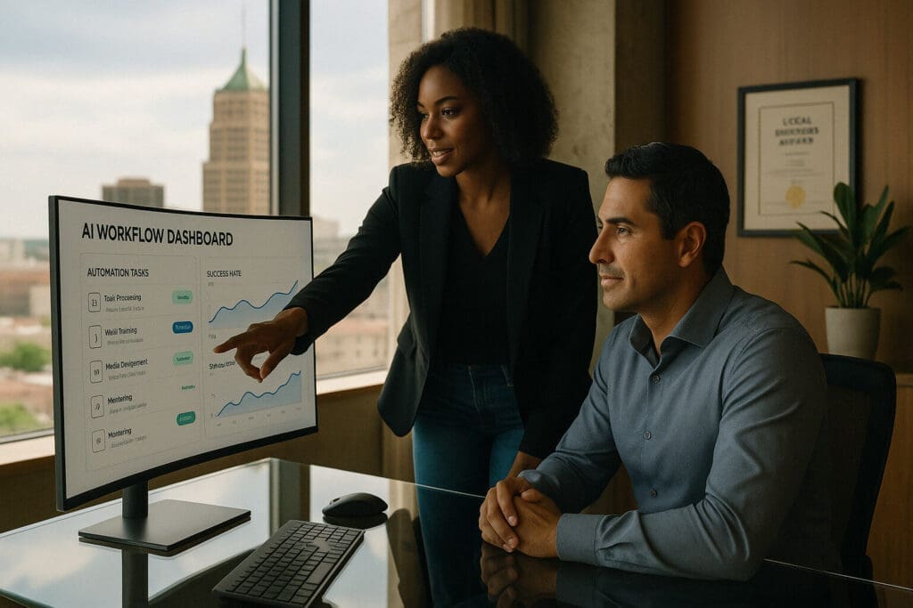 Two professionals in an office review an AI integration workflow dashboard on a computer screen. The woman stands and points at a rising graph, while the man sits and observes attentively, with city buildings visible through the window.