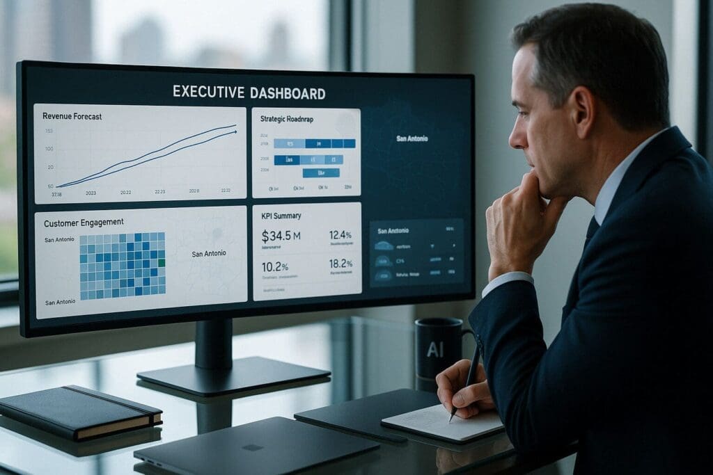 Executive standing at a large digital dashboard reviewing charts, graphs, and performance metrics