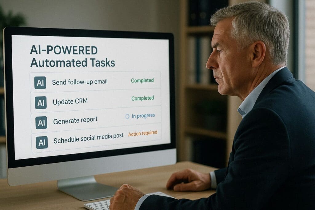 Business owner reviewing a list of AI automation tasks San Antonio businesses are using including follow-up emails and scheduling.