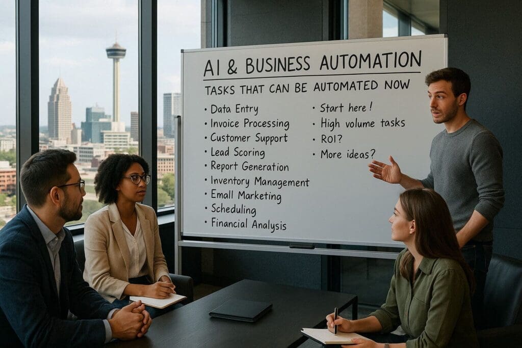 San Antonio business team discussing AI automation tasks on a whiteboard.