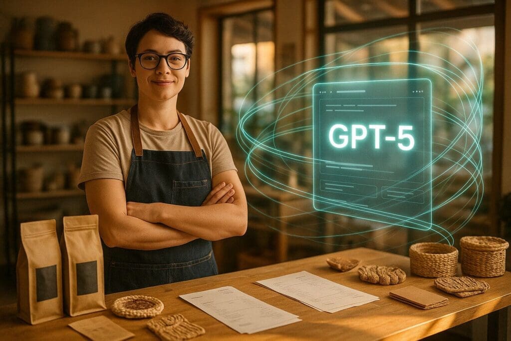 Small business owner standing confidently at a handmade goods shop counter with digital GPT-5 interface floating nearby, symbolizing practical AI support.