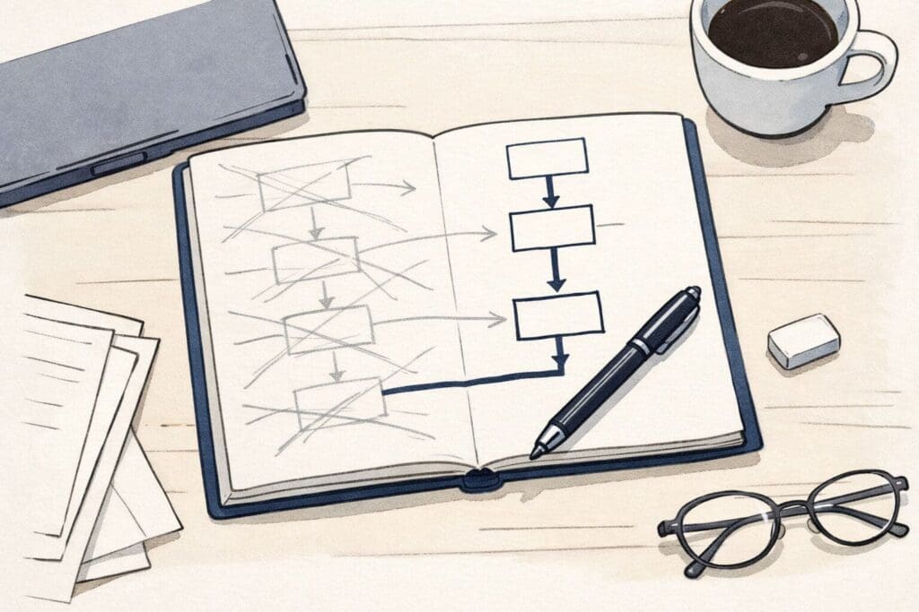 Illustrated notebook showing crossed out decision paths and a single clear workflow on a small business desk