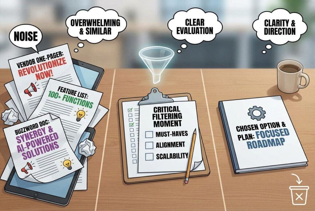Infographic showing vendor noise filtered through evaluation criteria into a single focused business plan