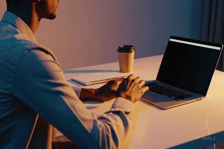 A person sits at a desk with a laptop, notebook, and disposable coffee cup, focused on content planning or using a prompting shortcut under warm lighting. The screen of the laptop is mostly dark.