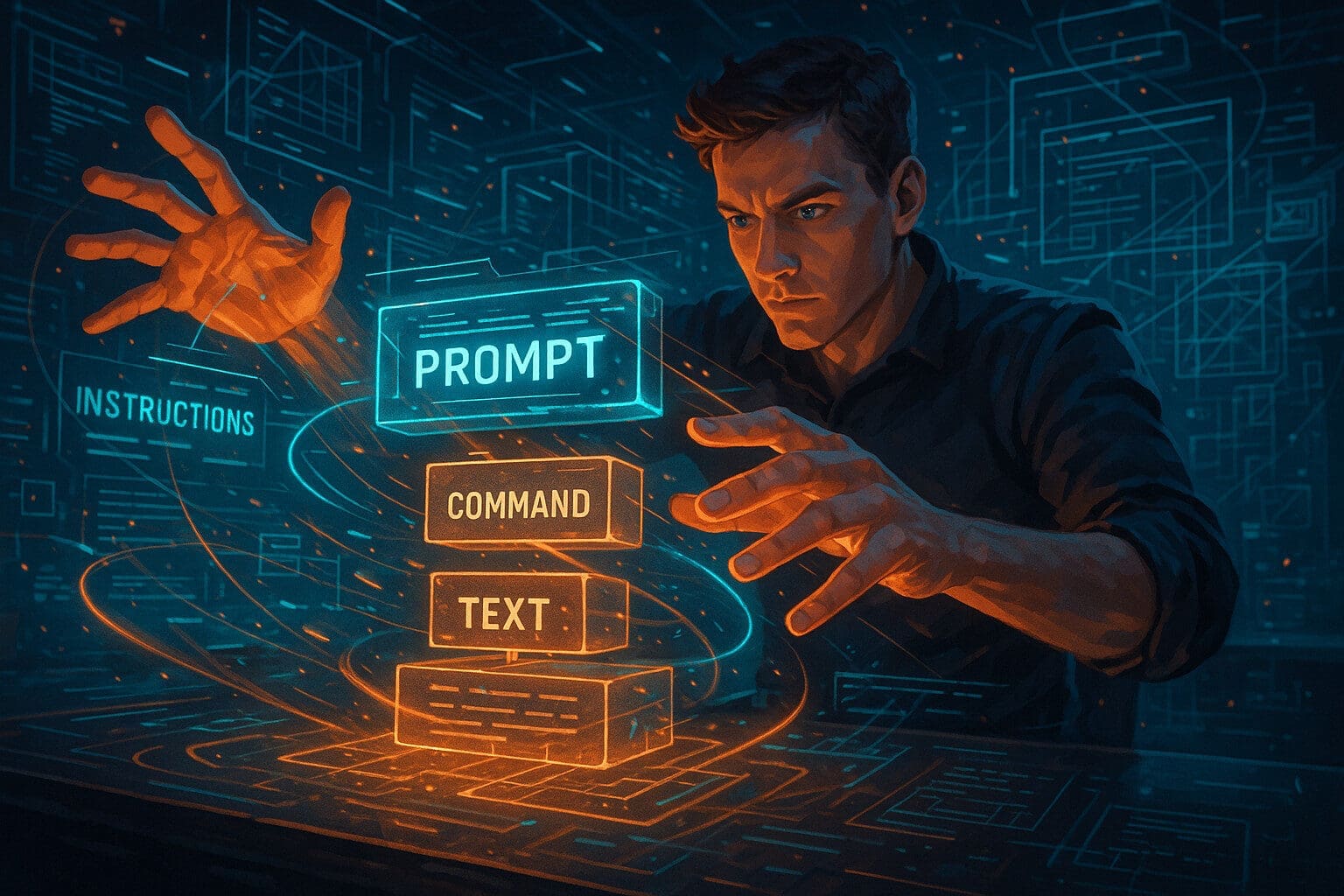 A focused man manipulates glowing digital blocks labeled &quot;Prompt,&quot; &quot;Command,&quot; and &quot;Text&quot; in a high-tech, futuristic environment filled with floating instructions and data charts, showcasing advanced prompting shortcut techniques for content planning.