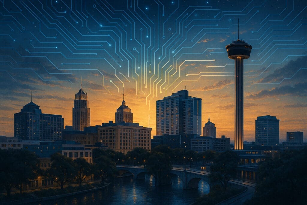 AI Integration in San Antonio Businesses – Skyline at Sunrise San Antonio skyline at sunrise with digital circuit patterns symbolizing AI integration for businesses.