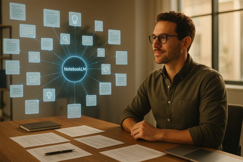 NotebookLM for Small Business — Turning Chaos Into Clarity Small business owner sitting at a desk while digital files and icons radiate out from a glowing center labeled “NotebookLM,” symbolizing how NotebookLM for small business organizes scattered research into clear insight.