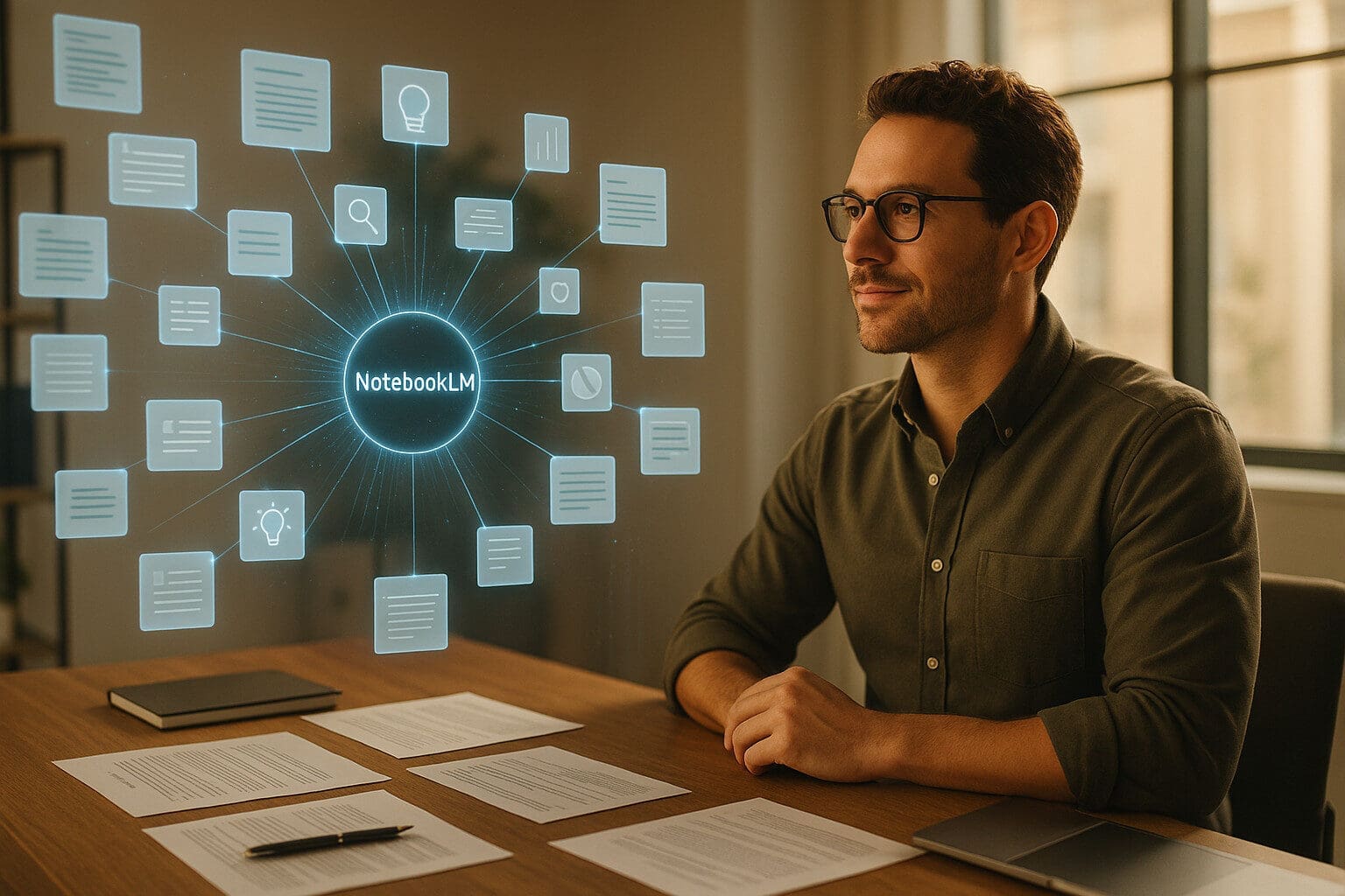 Small business owner sitting at a desk while digital files and icons radiate out from a glowing center labeled “NotebookLM,” symbolizing how NotebookLM for small business organizes scattered research into clear insight.