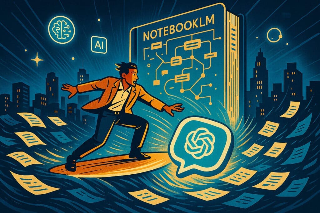Entrepreneur surfing a wave of digital documents toward a glowing ChatGPT icon, heading for a giant AI-powered NotebookLM with city skyline and tech symbols in the background.