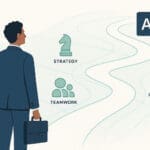 A business professional stands at the start of a winding path leading toward AI outcomes, with icons for goals, strategy, and teamwork highlighting the steps of building an effective AI plan.