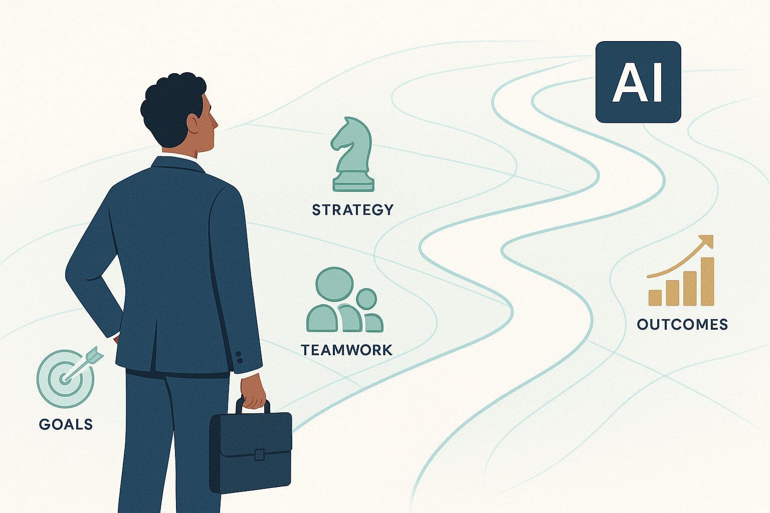A business professional stands at the start of a winding path leading toward AI outcomes, with icons for goals, strategy, and teamwork highlighting the steps of building an effective AI plan.