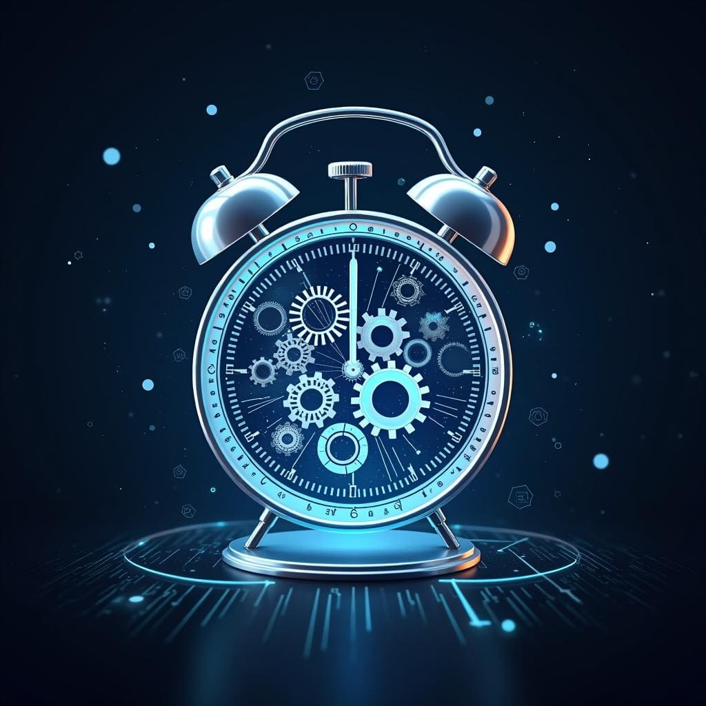 A digital artwork of an alarm clock with visible gears and cogs inside, glowing in blue light against a dark background. The clock is surrounded by a futuristic, tech-inspired environment with floating particles.
