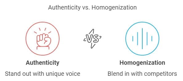 A graphic compares Authenticity vs. Homogenization. On the left, a red fist icon represents "Authenticity" with the text "Stand out with unique voice." On the right, blue lines represent "Homogenization" with the text "Blend in with competitors.