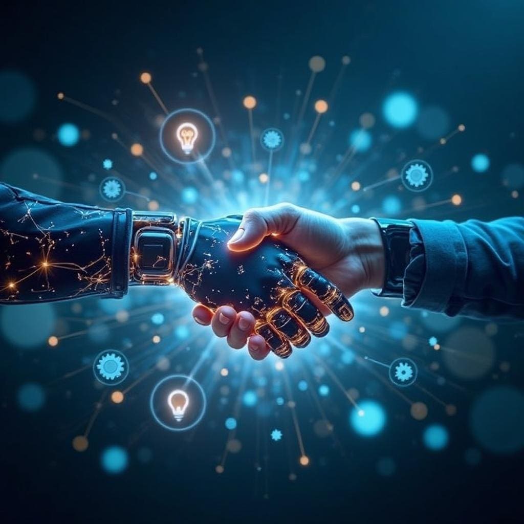 A human hand shakes a robotic hand, symbolizing collaboration. Surrounding them are glowing icons of lightbulbs and gears, representing innovation and technology against a dark background.
