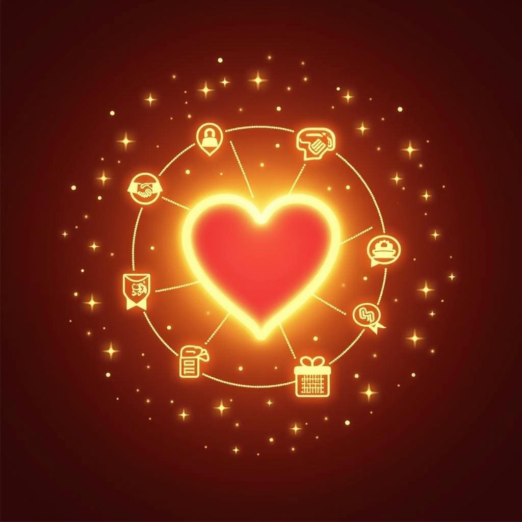 A glowing red heart surrounded by various icons connected by lines, symbolizing love and connection. Icons include a graduation cap, handshake, computer, gift box, wallet, and chat bubble, all set against a dark background with sparkles.