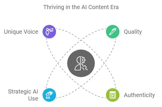 A diagram titled "Thriving in the AI Content Era" features four interconnected circles: Unique Voice with a megaphone icon, Quality with a pen icon, Authenticity with a stamp icon, and Strategic AI Use with a robot arm icon.