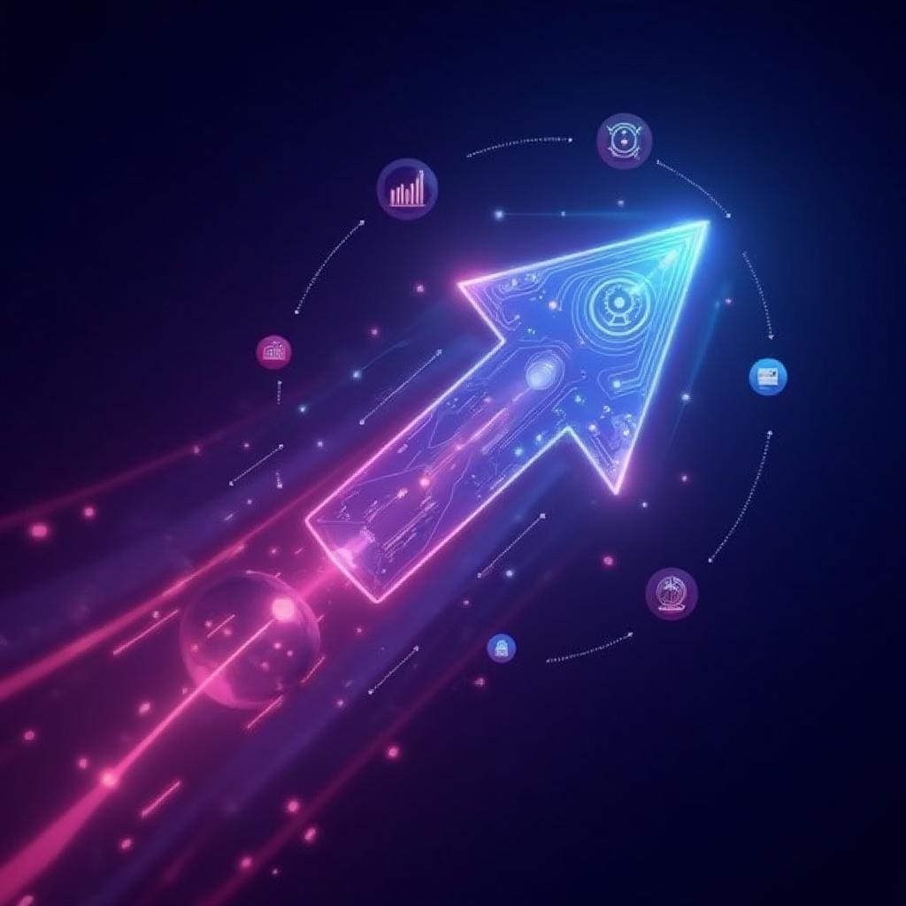 A neon arrow with circuit-like patterns is shown pointing upwards. Surrounding it are small icons representing technology and data, including graphs and gears. The dark background enhances the bright and glowing effect of the arrow.