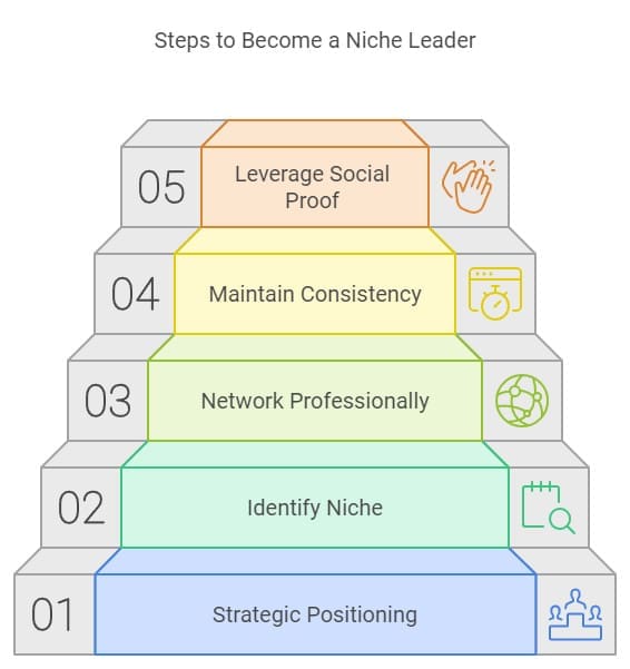 Illustration of a five-step staircase labeled "Steps to Become a Niche Leader." Steps include Strategic Positioning, Identify Niche, Network Professionally, Maintain Consistency, and Leverage Social Proof, with relevant icons for each step.