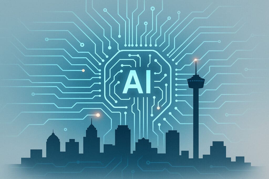 San Antonio skyline with AI automation circuitry and glowing data lines