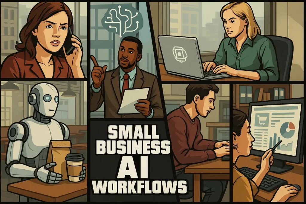 ai workflow automation A collage shows professionals and a robot working in an office—using laptops, charts, coffee—highlighting ai workflow automation.