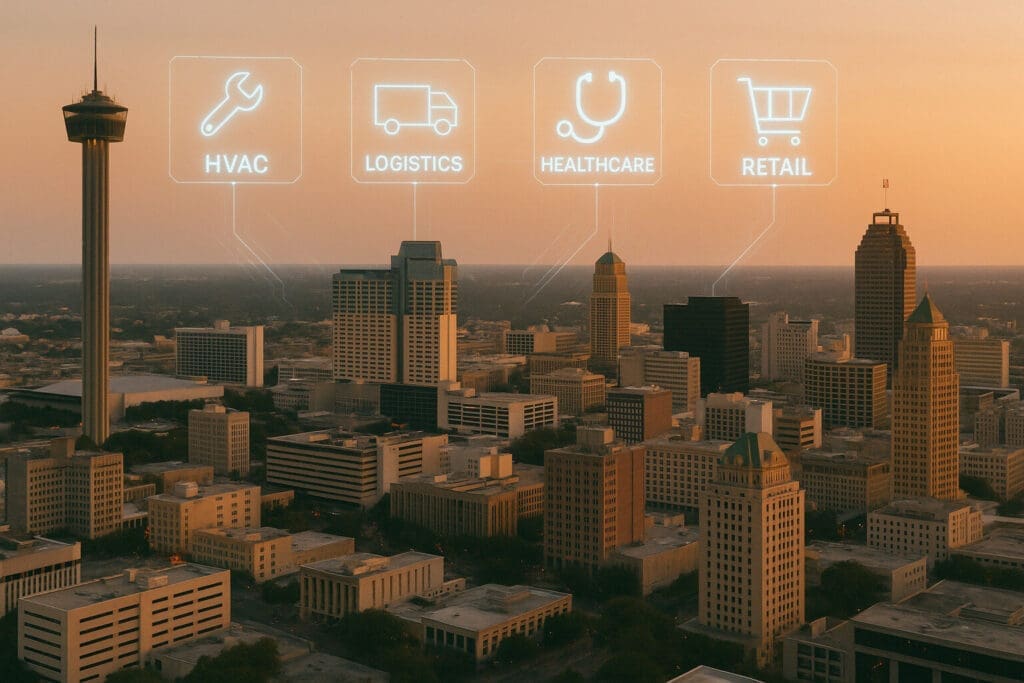 San Antonio skyline at sunset with AI integration overlays highlighting HVAC, logistics, healthcare, and retail sectors