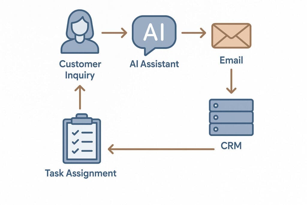 Streamlined AI workflow designed for San Antonio businesses, showing AI tools aligned with CRM, email, and task automation