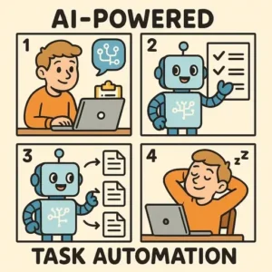 AI Workflow Automation for small business success. A four-panel comic shows a person working, an AI robot completing tasks, the robot handling more documents, and finally the person relaxing as their work is automated