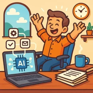 AI Automation Workflows give Small Business Owners back their time Cartoon man in an orange shirt smiles and raises his arms at a desk with a laptop displaying "AI," showcasing AI workflow automation for small business. Papers, a coffee mug, and task icons float nearby; window, clock, and plant are in the background.