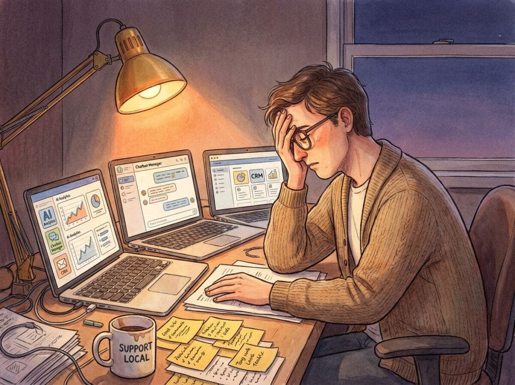 Small business owner struggling with DIY AI implementation and scattered tools