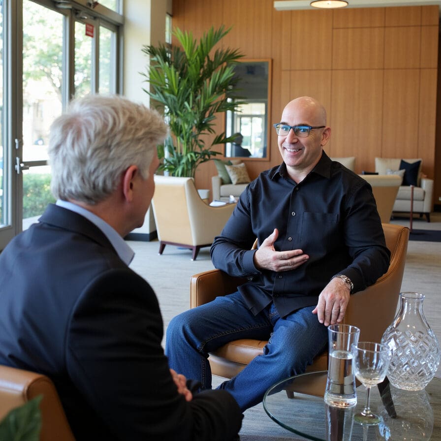 Brian Gibbs in a black oxford shirt speaking with a client in an executive lounge, smiling and engaged in conversation.