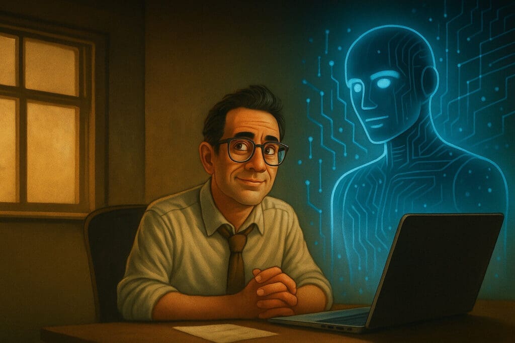 A man in glasses sits at a desk with a laptop, smiling, ready for AI as a glowing blue digital human figure made of circuit patterns appears beside him. Warm light shines through a window in the background. Ready for AI? Take the Assessment That Saves You Time