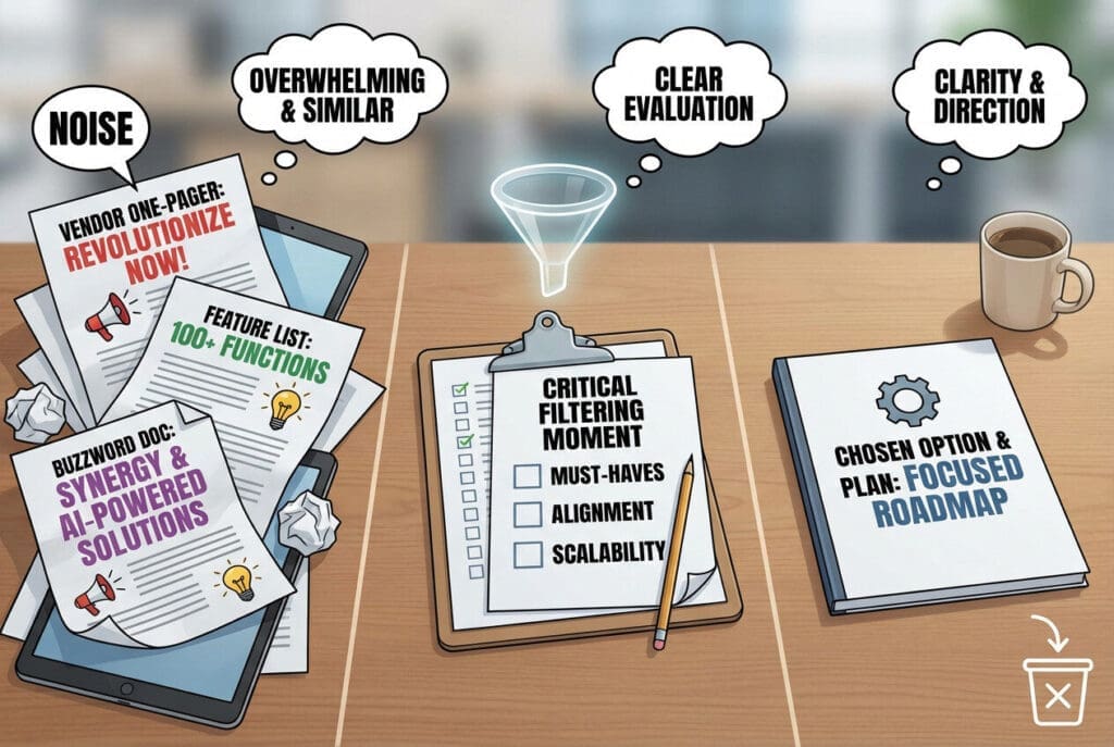 Infographic showing vendor noise filtered through evaluation criteria into a single focused business plan
