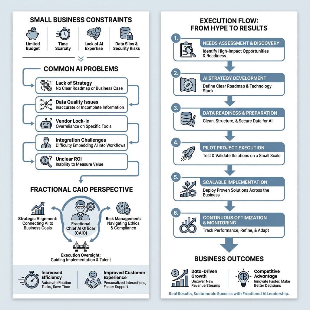Vertical infographic showing how small businesses move from AI hype to measurable results through a fractional CAIO approach