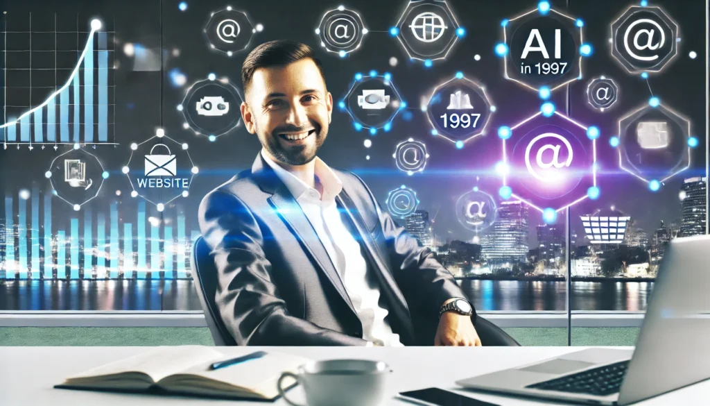 A smiling man in a suit sits at a desk with various digital icons, such as AI, website, and email, displayed on a large screen behind him. The screen also features graphs and futuristic cityscape. A laptop, notebook, and coffee cup are on the desk.