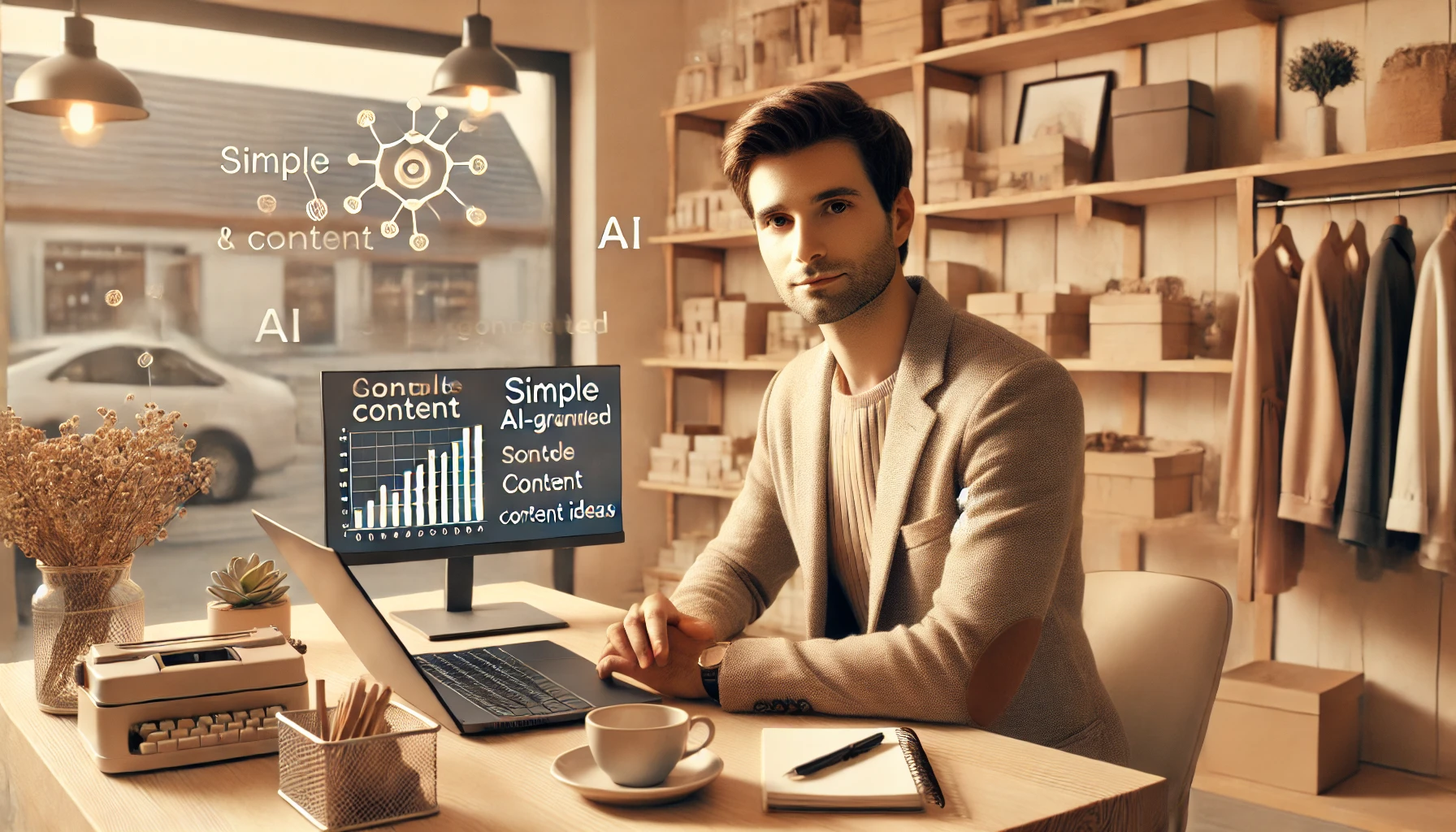 A man sits at a desk with a laptop, coffee cup, and notepad. A computer screen displays graphs and text about simple content and AI. The warm-toned room is decorated with wooden shelves and boxes.