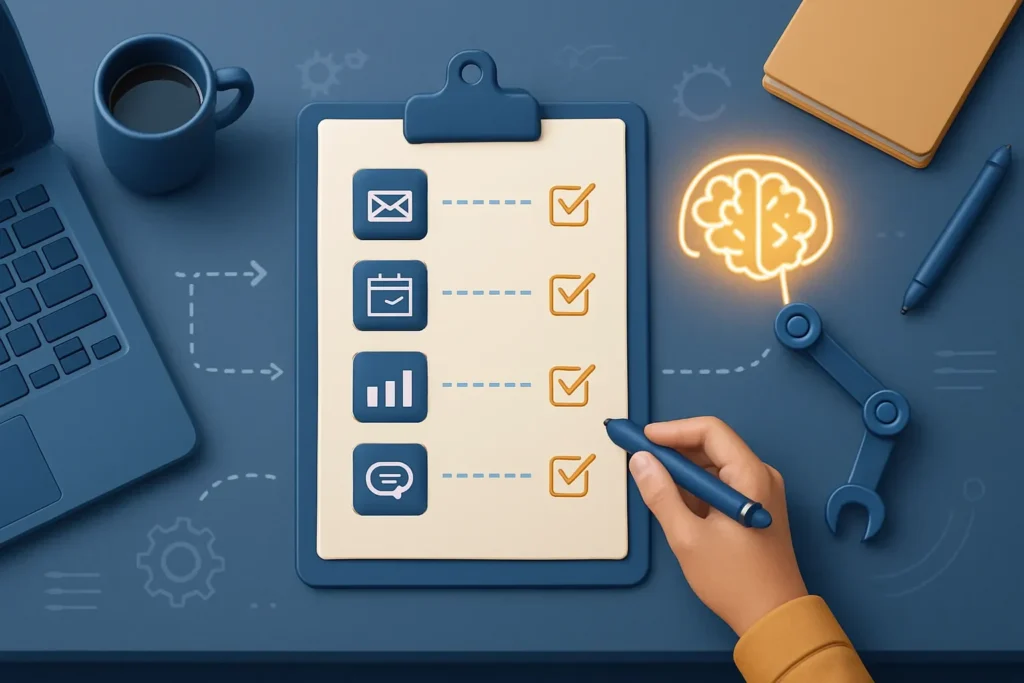 A hand checks off items on a clipboard with icons for email, calendar, charts, and chat. A laptop, coffee cup, notebook, pen, and a glowing brain illustration suggest an AI workflow designed to help business owners stay organized. A hand checks off items on a clipboard with icons for email, calendar, charts, and chat. A laptop, coffee cup, notebook, pen, and a glowing brain illustration suggest an AI workflow designed to help business owners stay organized.
