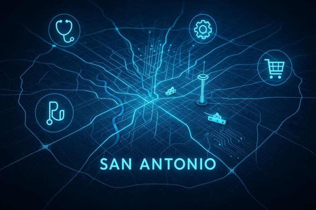 Futuristic map of San Antonio showing AI integration across sectors with digital overlays and neural network pathways