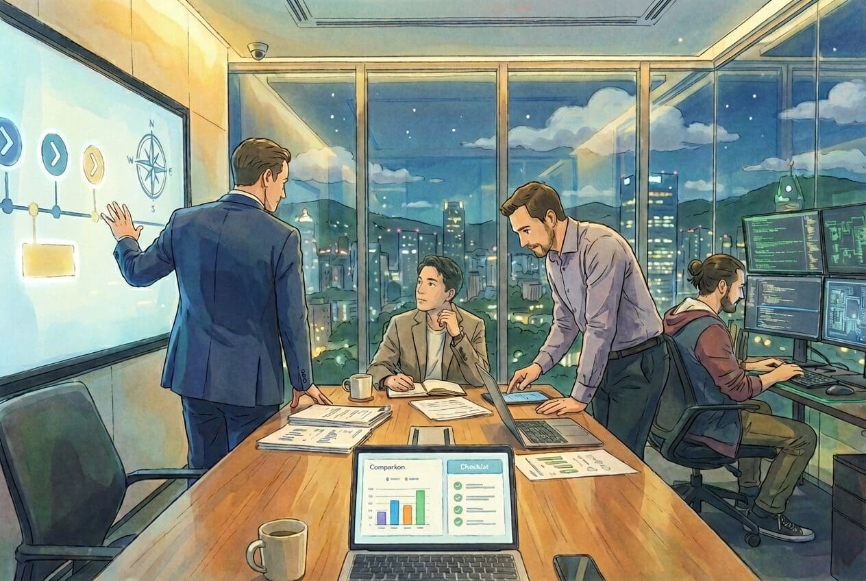 An evening conference room scene with a business owner meeting three different AI experts. One presents a strategic roadmap on a wall screen, another reviews charts and analysis at the table, and a third writes code at a multi monitor workstation.