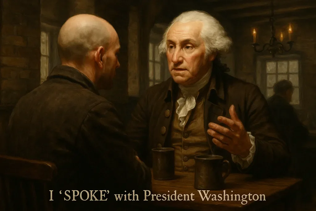 Two men sit at a wooden table in a dimly lit room, engaged in business conversation. One resembles George Washington. Both have mugs in front of them. Text at the bottom says, "I 'SPOKE' with President Washington on Presidents' Day. Two men sit at a wooden table in a dimly lit room, engaged in business conversation. One resembles George Washington. Both have mugs in front of them. Text at the bottom says, "I 'SPOKE' with President Washington on Presidents' Day.