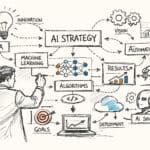Fractional CAIO strategic planning sketch showing AI strategy framework with data, machine learning, automation, and deployment workflows