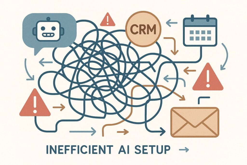 Diagram of disconnected AI tools causing workflow chaos, including chatbot, CRM, calendar, and email icons tangled in arrows