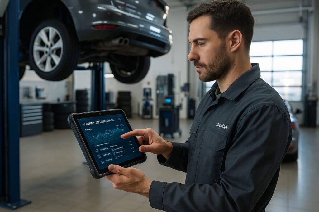 Automotive technician using a tablet with AI-generated repair recommendations in a modern service bay