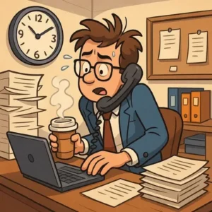 The Morning Rush Every Small Business Owner Knows A stressed office worker in a suit juggles a phone call, a coffee cup, and typing on a laptop amid tall stacks of paperwork—wishing to turn chaos into business success as the office clock shows 9:00.