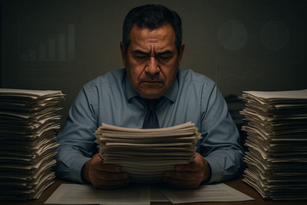 Stressed San Antonio business owner amidst towering paperwork stacks, hinting at the need for AI solutions for business efficiency.
