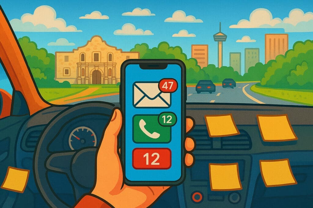 A person drives through San Antonio, smartphone in hand showing message, call, and calendar notifications. Sticky notes cover the dashboard. A city skyline and historic mission are ahead—Business AI Solutions could help save hours on the go.