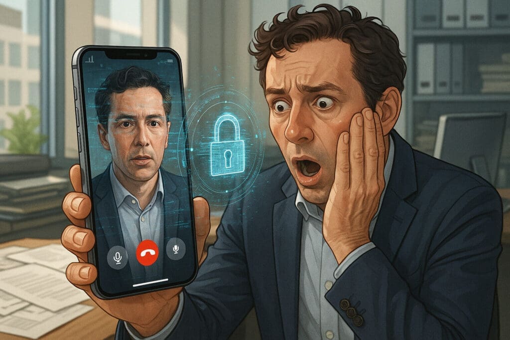Shocked Business Owner Receiving a Deepfake Call – Deepfake Risk Assessment Business owner shocked while receiving a video call from a deepfake version of himself, highlighting the need for a deepfake risk assessment.