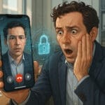Business owner shocked while receiving a video call from a deepfake version of himself, highlighting the need for a deepfake risk assessment.