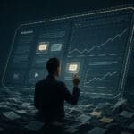 Strategist in a dark ocean of scattered papers interacts with a glowing digital research dashboard filled with charts, notes, and data points.