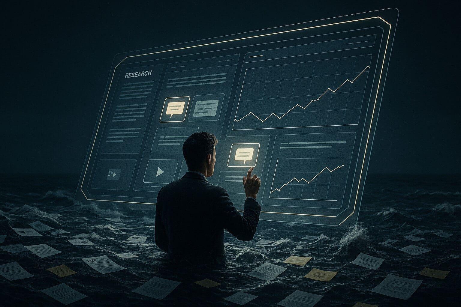 Strategist in a dark ocean of scattered papers interacts with a glowing digital research dashboard filled with charts, notes, and data points.