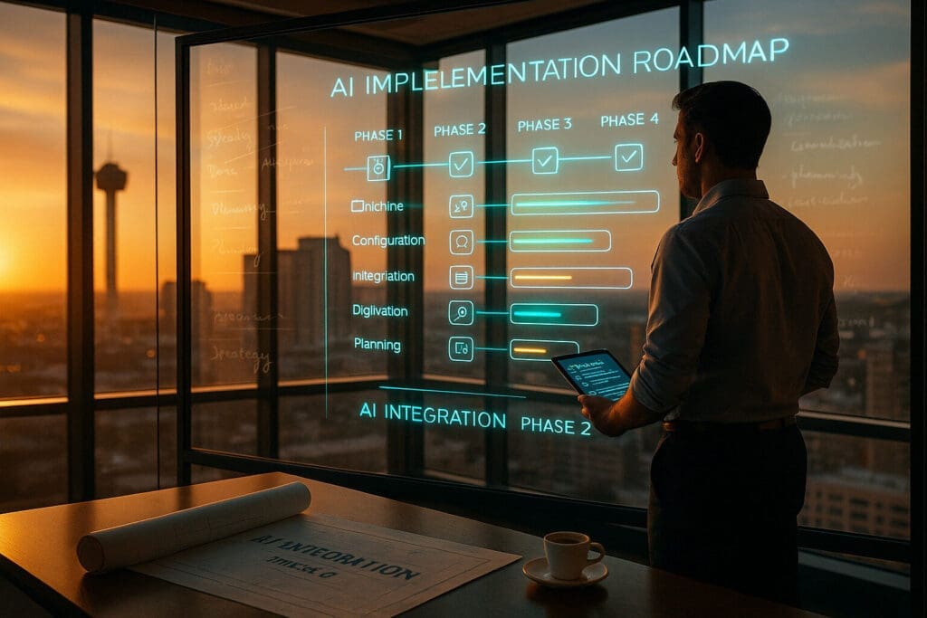 San Antonio business owner reviewing AI implementation roadmap on a glass wall with digital overlay at sunrise